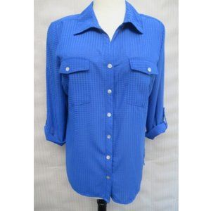 Roll-tab-sleeve front-button blouse Semi-sheer Med blue plaid PL